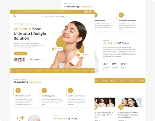 Tampilan mockup UI/UX website SS Group yang elegan dengan nuansa warna emas, menampilkan section hero lifestyle solution, statistik produk, dan katalog produk kecantikan.