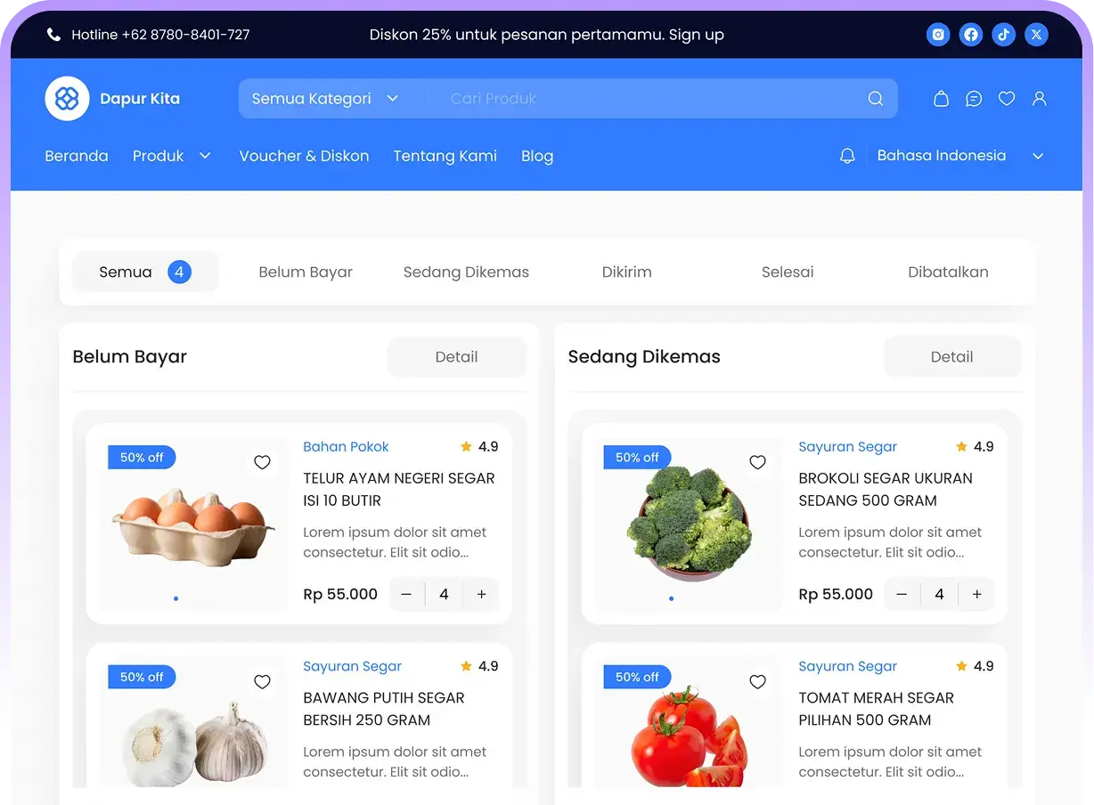 Dashboard manajemen pesanan toko online Dapur Kita yang menampilkan status pembayaran, proses pengemasan, dan katalog bahan pokok seperti telur, brokoli, bawang putih, dan tomat.