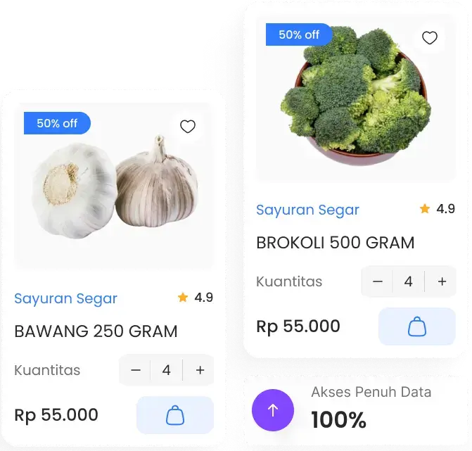 Mockup antarmuka aplikasi toko online sayuran segar yang menampilkan katalog produk bawang dan brokoli dengan fitur keranjang belanja dan akses penuh data 100 persen.