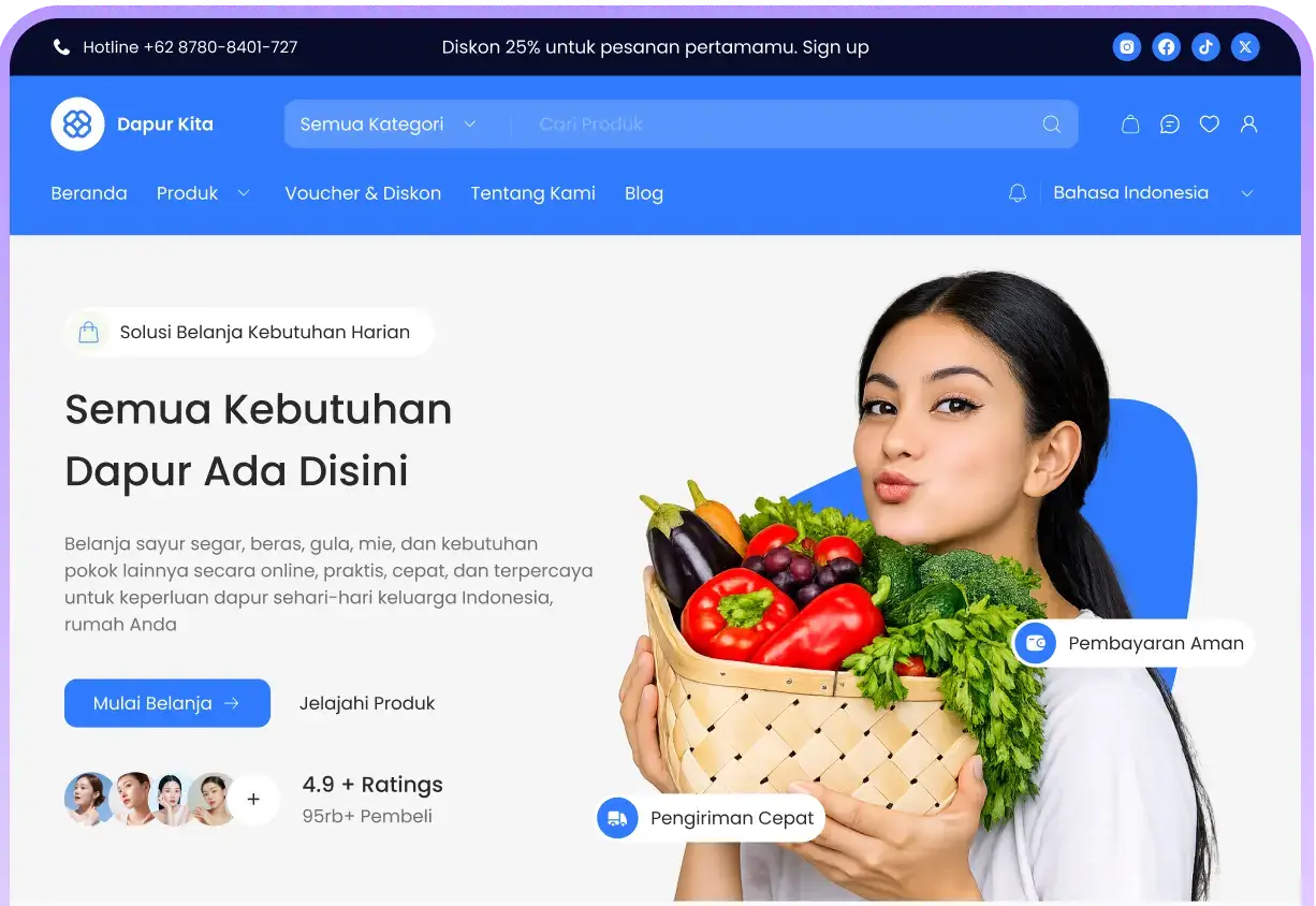 Contoh desain website profesional untuk UMKM yang menampilkan layanan pesan antar menu fine dining ke rumah.