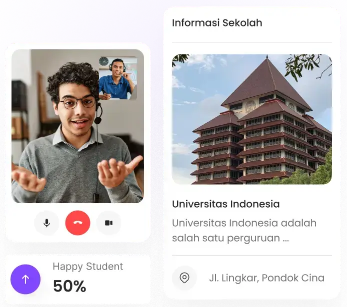 Tampilan video call konsultasi pelajar dengan mentor, berdampingan dengan informasi profil Universitas Indonesia di Depok dan statistik 50 persen happy student.
