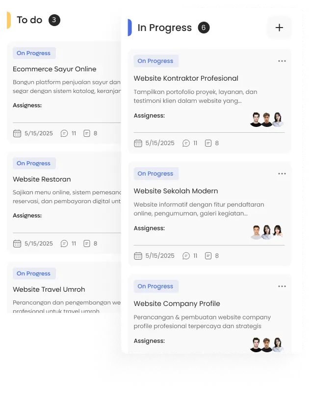 Dashboard progres proyek website yang menampilkan daftar pengerjaan e-commerce sayur online, website restoran, travel umroh, dan company profile secara transparan.