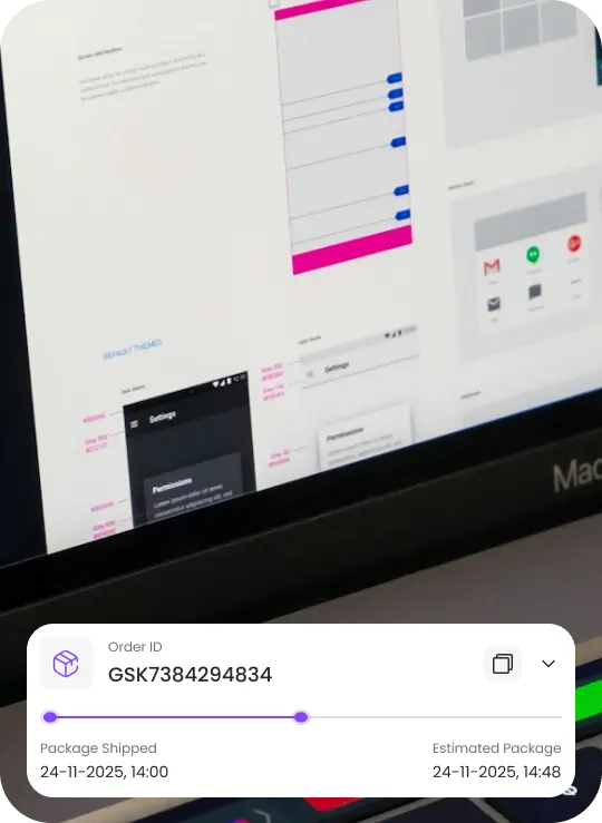 Visualisasi status pengiriman paket dengan nomor Order ID GSK7384294834 yang menunjukkan estimasi waktu sampai, terintegrasi pada interface dashboard landing page.