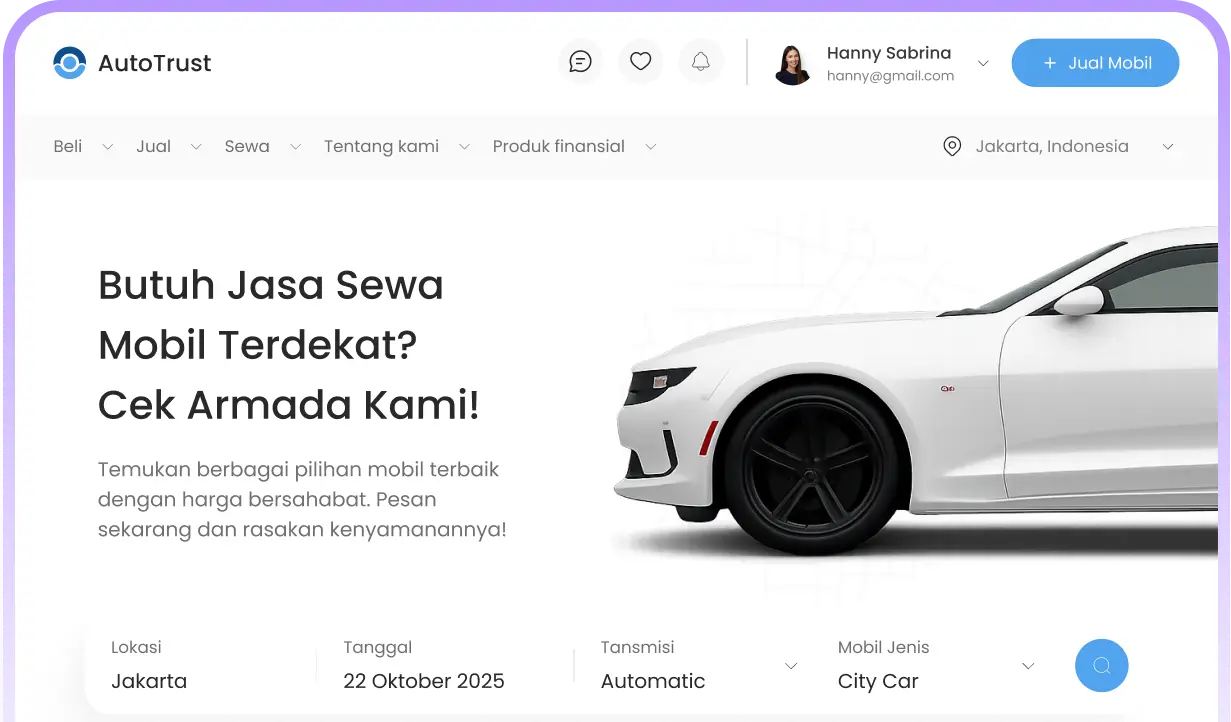 Interface landing page AutoTrust hasil pembuatan website custom, menampilkan fitur pencarian sewa mobil berdasarkan lokasi Jakarta, tanggal, transmisi automatic, dan tipe city car.