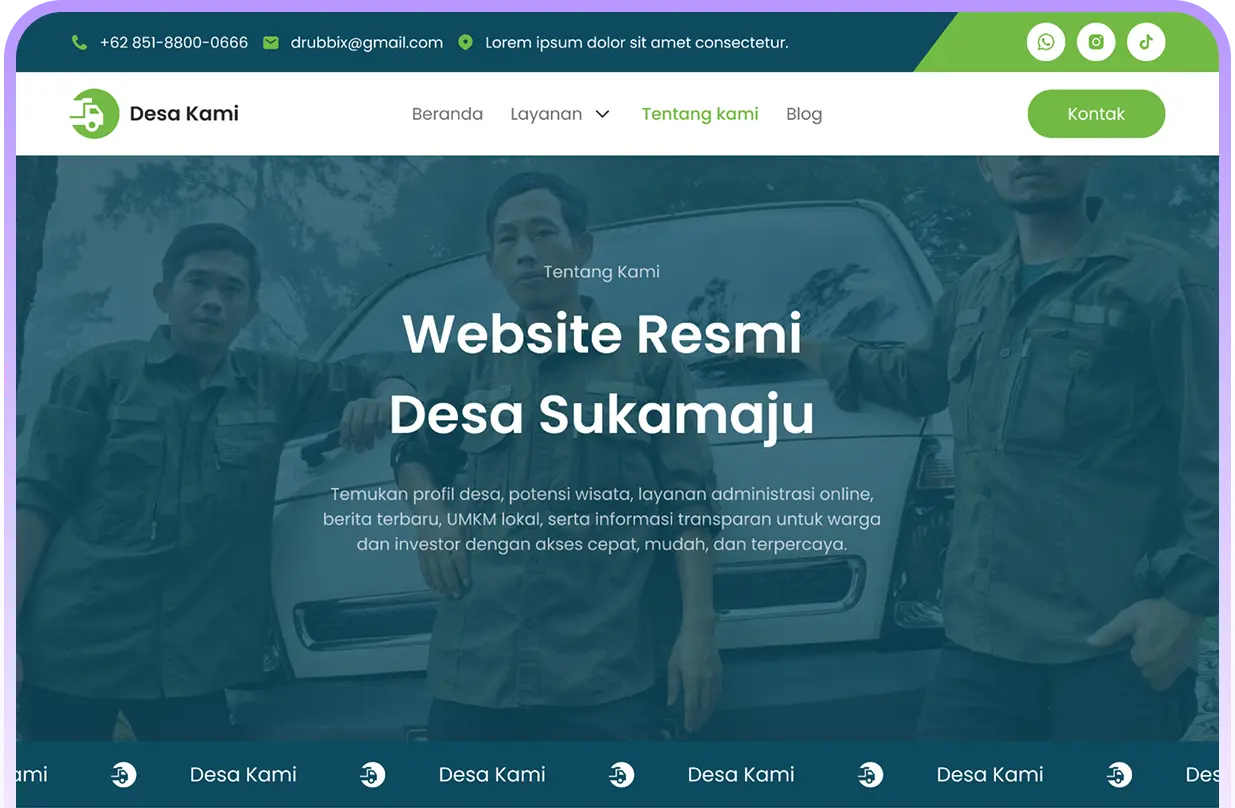 Interface website resmi Desa Sukamaju yang menampilkan profil desa, layanan administrasi online, potensi wisata, informasi UMKM lokal, dan struktur navigasi lengkap.