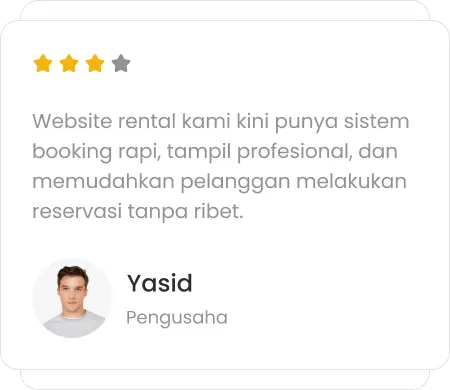 Testimoni Bapak Yasid mengenai website rental mobil dengan sistem booking yang rapi dan tampilan profesional yang memudahkan pelanggan melakukan reservasi online.