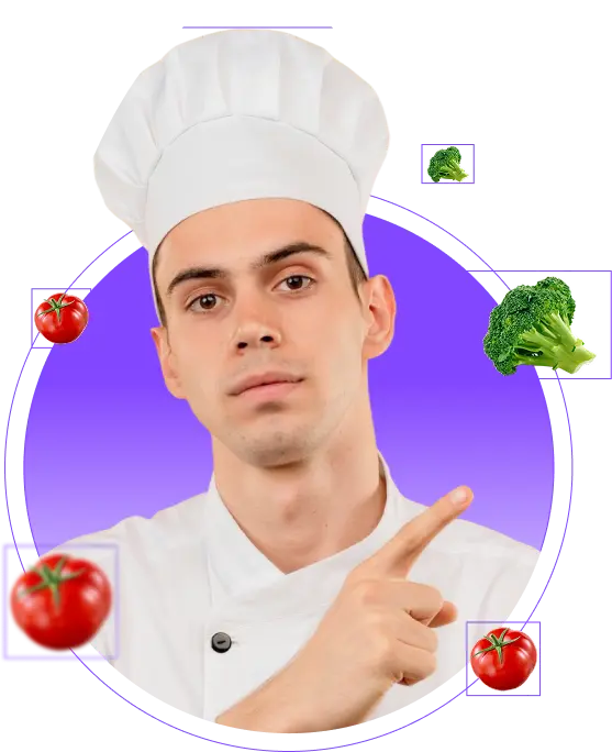 Koki profesional dengan topi chef putih memberikan instruksi atau rekomendasi, dikelilingi elemen visual tomat dan brokoli segar sebagai representasi kualitas bahan baku pada website restoran.