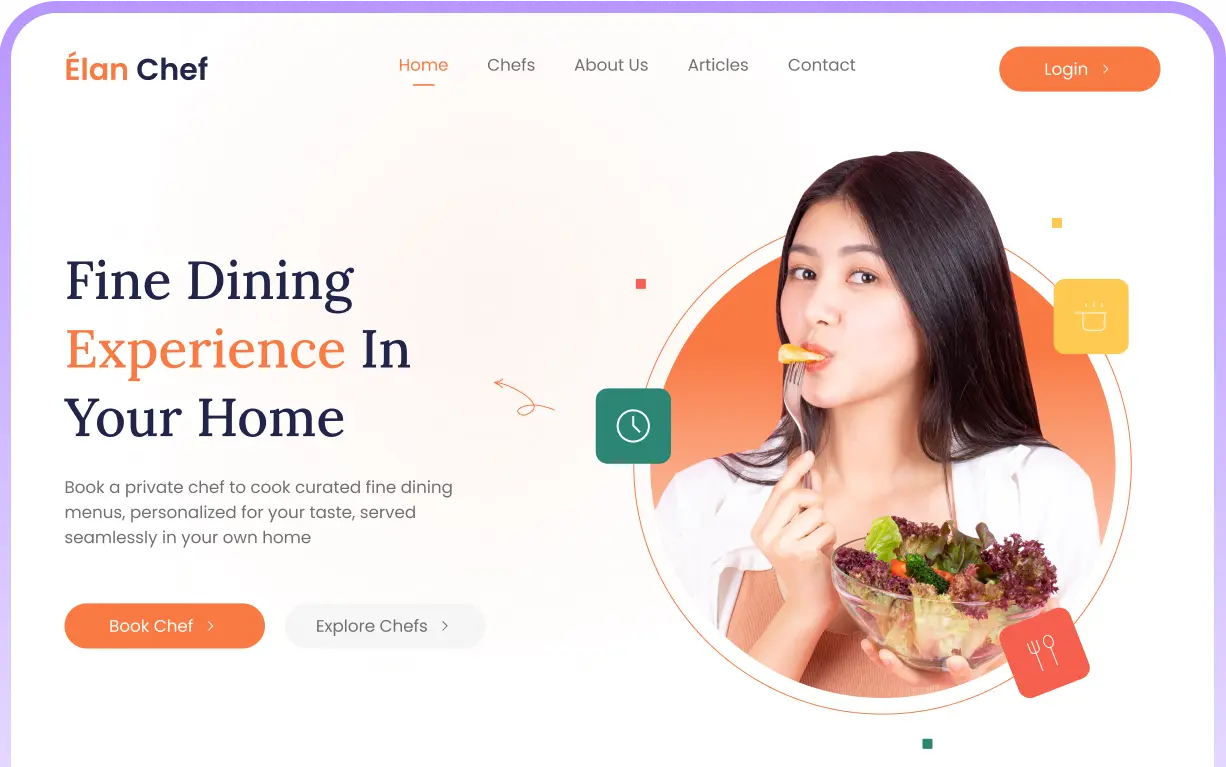 Desain landing page website Élan Chef yang menawarkan pengalaman fine dining di rumah dengan fitur booking private chef dan navigasi menu yang elegan.