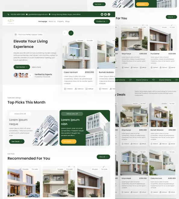 Desain website properti dengan fitur listing rumah, rekomendasi properti, dan tampilan UI modern sebagai portofolio pembuatan website oleh JuaranyaWeb
