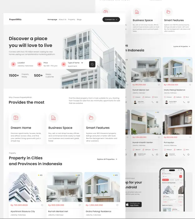Desain website properti modern dengan tampilan listing real estate dan kartu properti sebagai portofolio pembuatan website oleh JuaranyaWeb