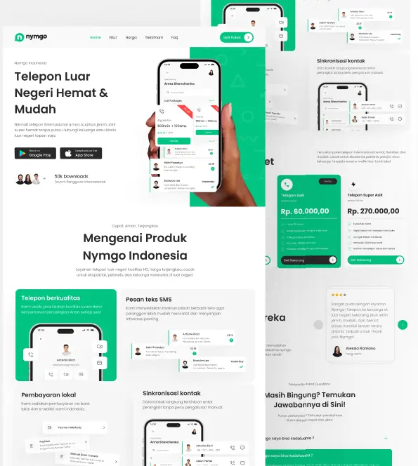 Desain landing page aplikasi telepon internasional dengan tampilan UI modern mobile app sebagai portofolio desain website oleh JuaranyaWeb