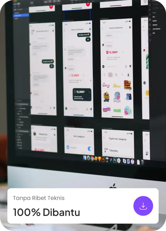 Monitor komputer menampilkan berbagai mockup desain interface aplikasi mobile dengan overlay teks "Tanpa Ribet Teknis 100% Dibantu" untuk layanan company profile.