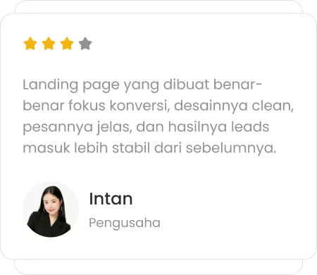 Testimoni Ibu Intan seorang pengusaha tentang jasa pembuatan landing page yang desainnya clean, pesan jelas, dan memberikan hasil leads masuk lebih stabil.