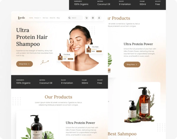 UI UX design website ecommerce hair care Erola menampilkan produk ultra protein hair shampoo dengan layout modern, model wanita, dan katalog produk perawatan rambut