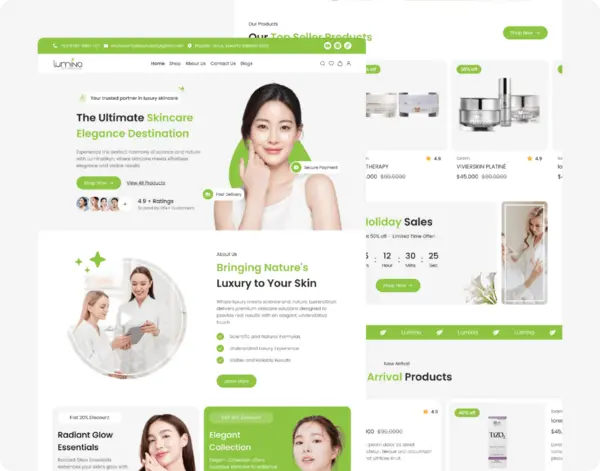 UI UX design website ecommerce skincare Lumino dengan layout modern berwarna hijau menampilkan produk skincare, hero section model wanita, dan katalog produk beauty