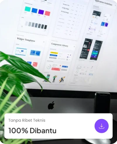 Dokumentasi Design System pada monitor iMac yang mencakup perpustakaan komponen, template widget, dan panduan aplikasi untuk pembuatan website custom yang konsisten.